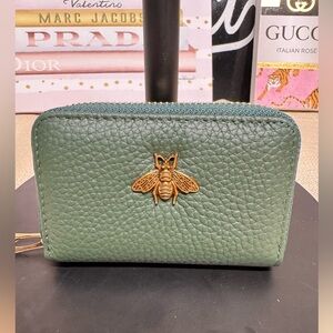 NIB RFID Green Leather Wallet with Gold Bee Accent